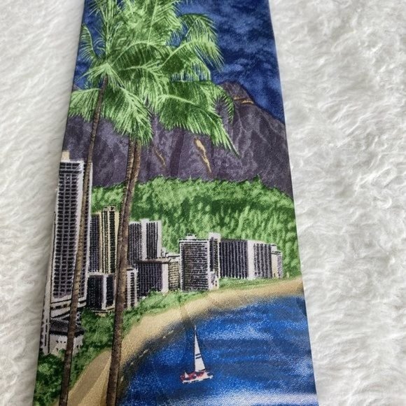 Tropical Hawaiian handmade men’s tie with Waikiki theme blue tan multi colored - Picture 3 of 11